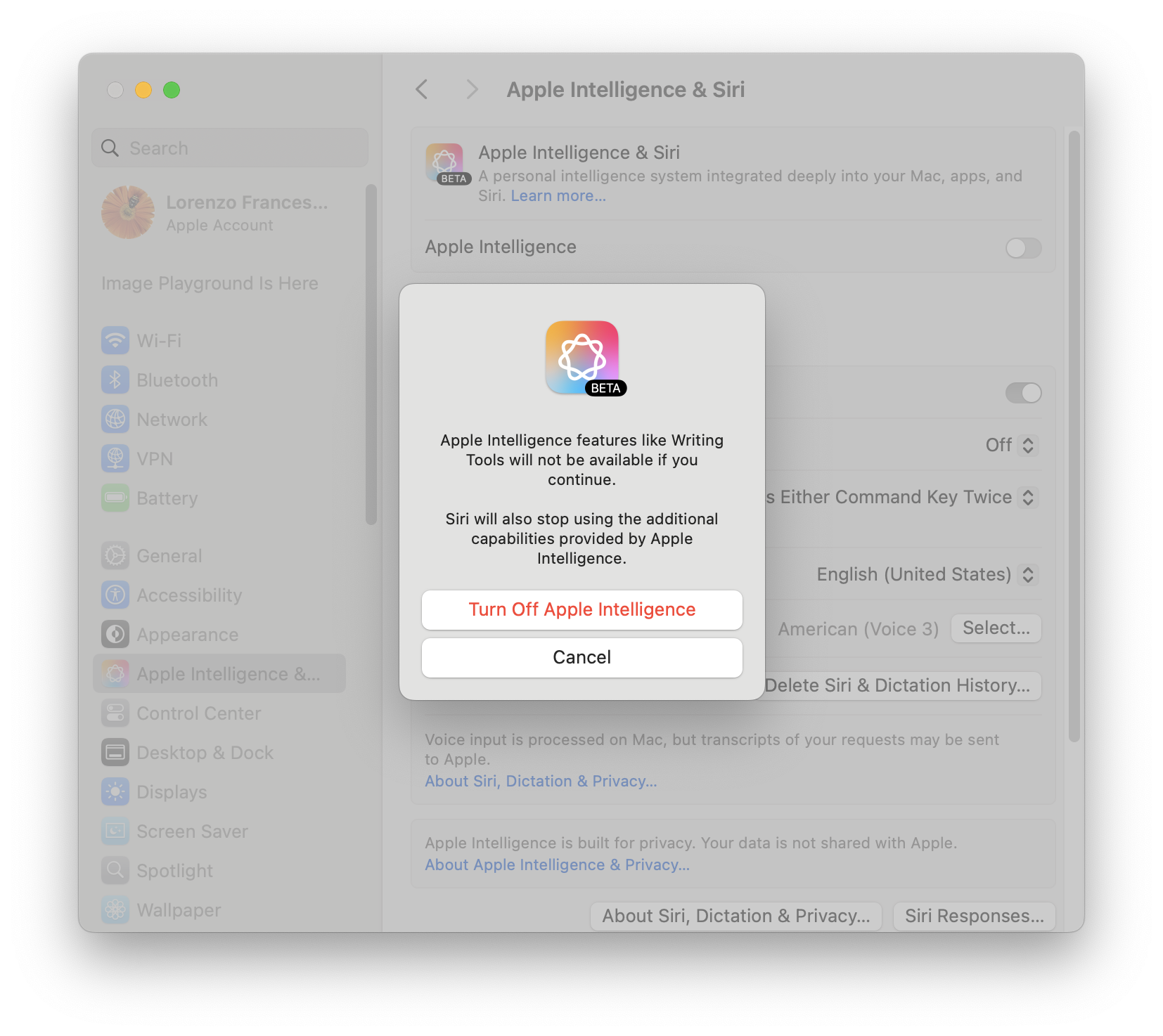 a screenshot showing Apple Intelligence being switched on in the Apple Mac user settings, with a dialog that says, "Turn Off Apple Intelligence."